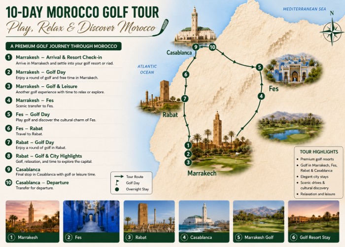 10-Day Morocco Golf Tour Itinerary Map 10-Day Morocco Golf Tour itinerary map with Marrakech, Fes, Rabat, Casablanca and selected golf experiences