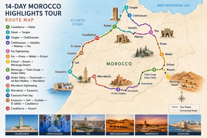 Morocco Highlights Tour 1 Morocco Highlights Tour Itinerary Map