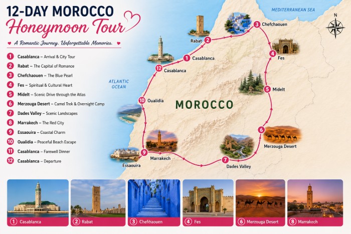 12-Day Morocco Honeymoon Tour Itinerary Map 12-Day Morocco Honeymoon Tour route map with Casablanca, Rabat, Chefchaouen, Fes, Merzouga Desert, Dades Valley, Marrakech, Essaouira and Oualidia