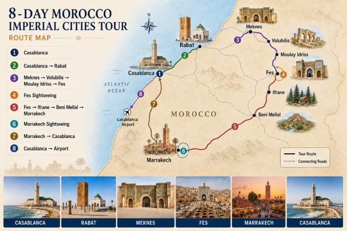 Morocco Imperial Cities Tour 1 Morocco Imperial Cities Tour Itinerary Map