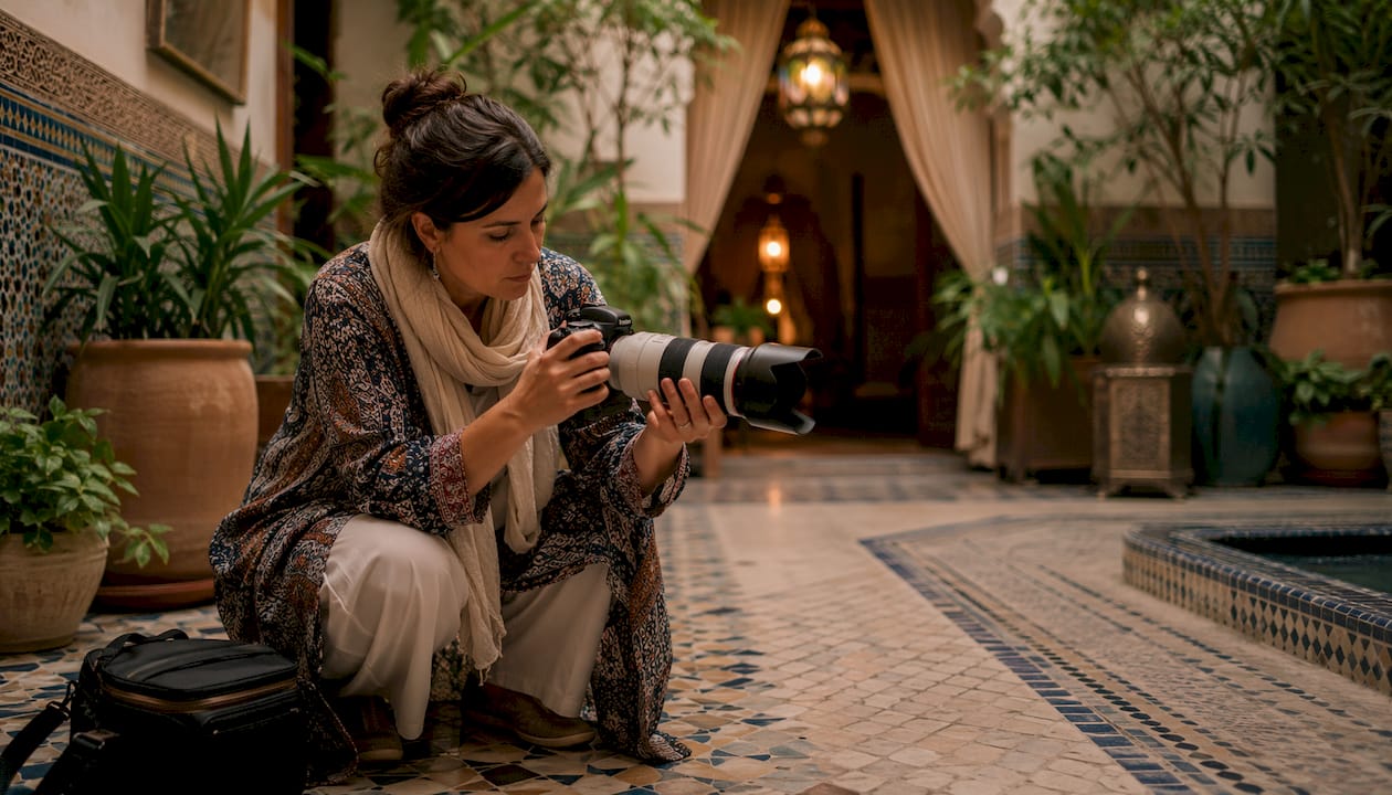 Morocco Photography Guide: Capture Every Scene Like a Pro 3 Photographer setting telephoto lens in colorful market
