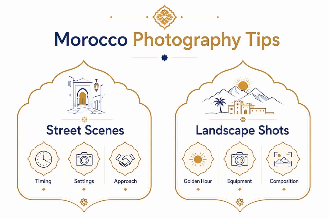 Morocco Photography Guide: Capture Every Scene Like a Pro 1 Infographic comparing street and landscape photography tips in Morocco