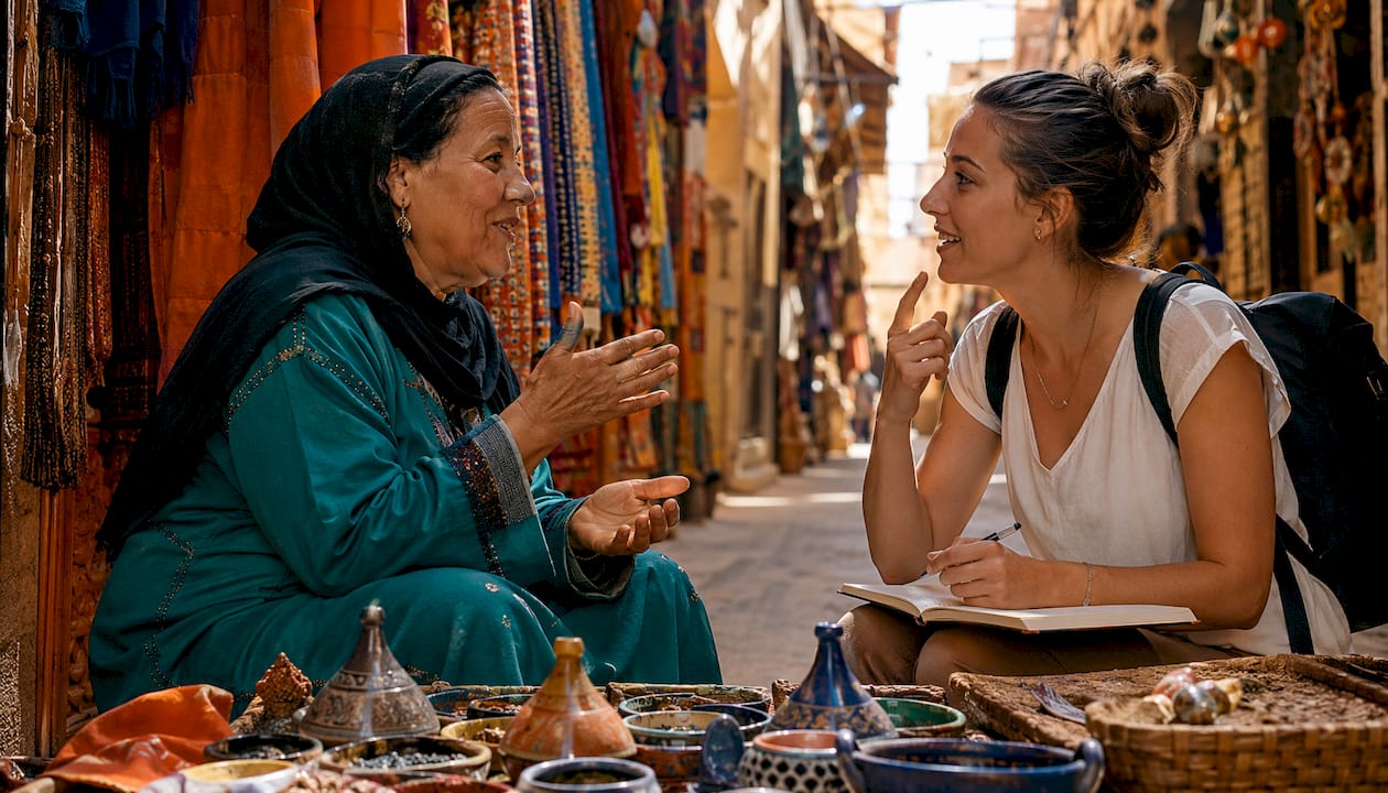 Morocco Language Guide: Essential Phrases for Travelers 2 Two women exchanging Darija greetings at café