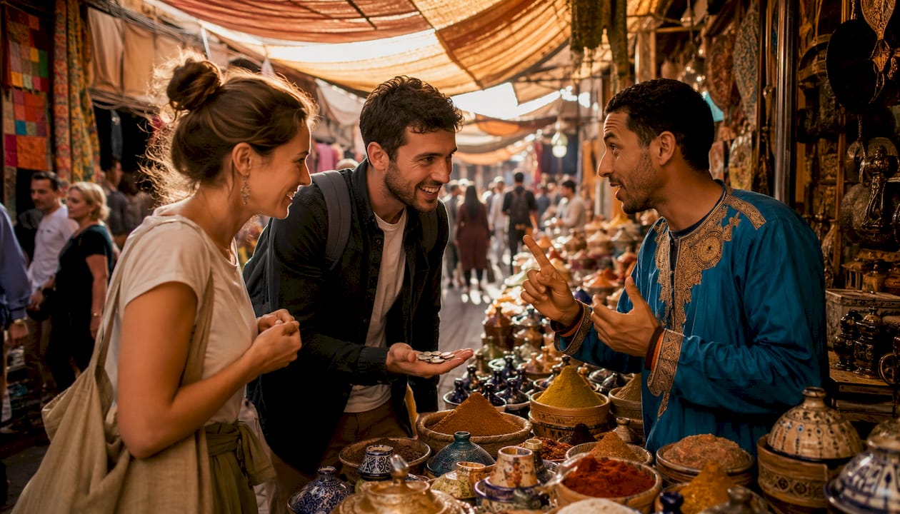 Morocco Language Guide: Essential Phrases for Travelers 3 Tourists bargaining with vendor in Moroccan souk